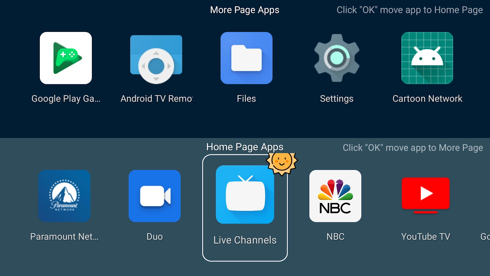 TV Launcher organizer with More Page Apps and Home Page Apps