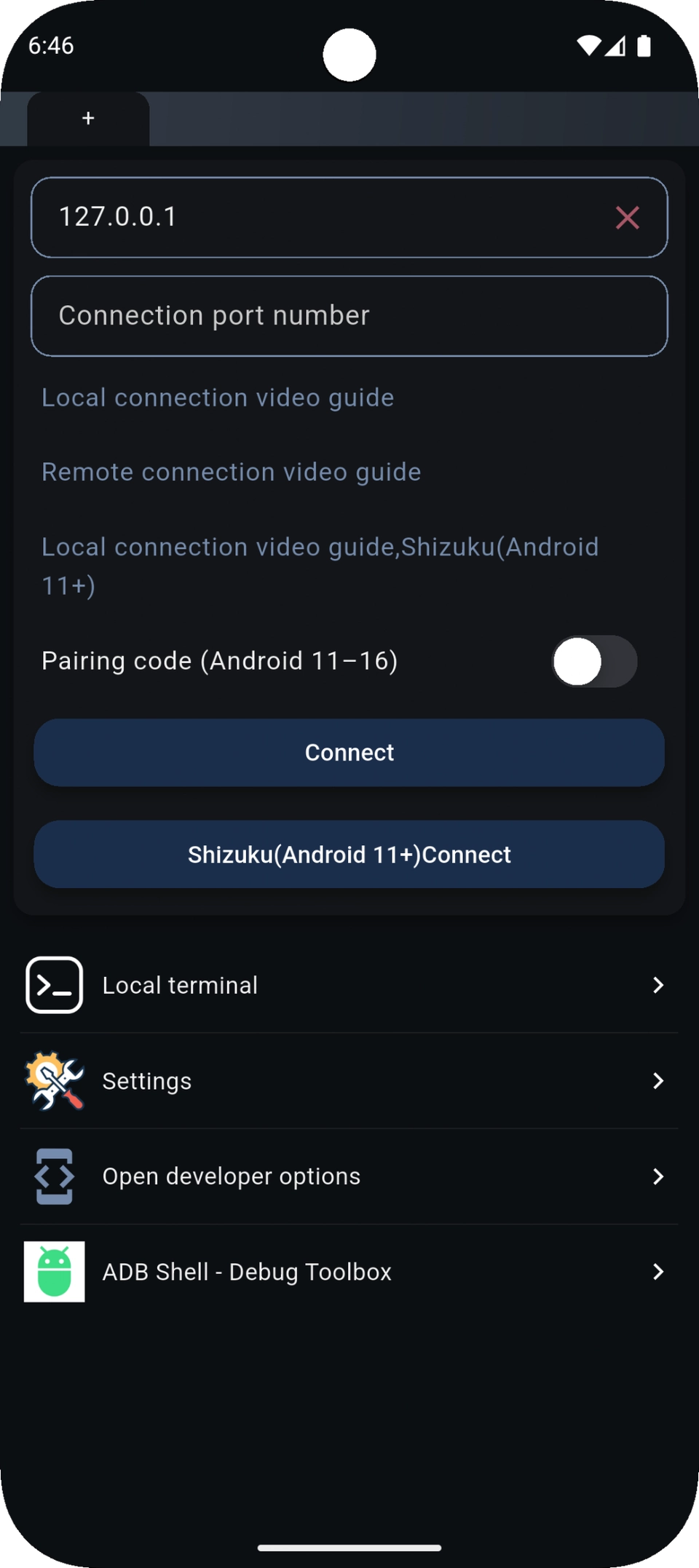 ShellX connection screen with address, connection port, pairing toggle and Shizuku option