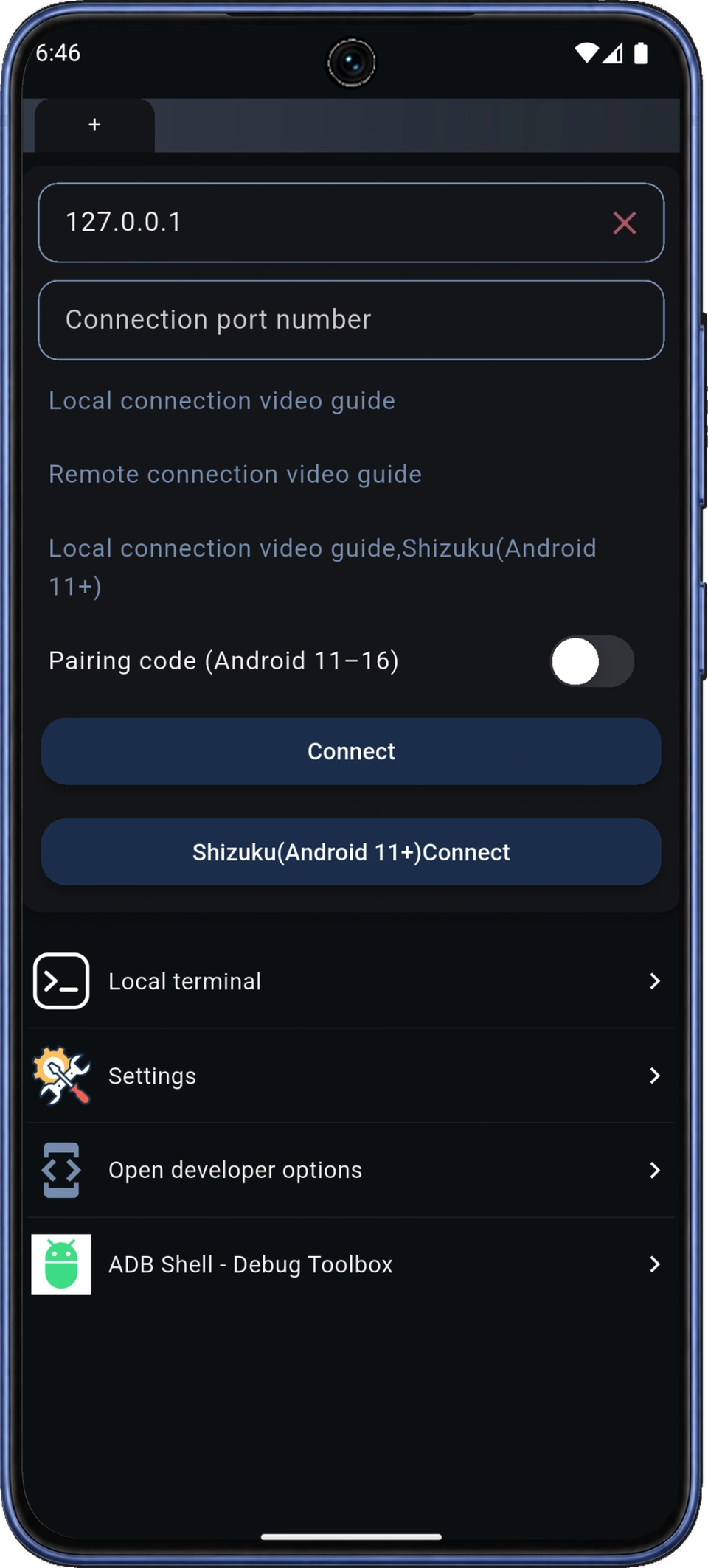 Écran de connexion de ShellX avec adresse, port, option d’association et option Shizuku