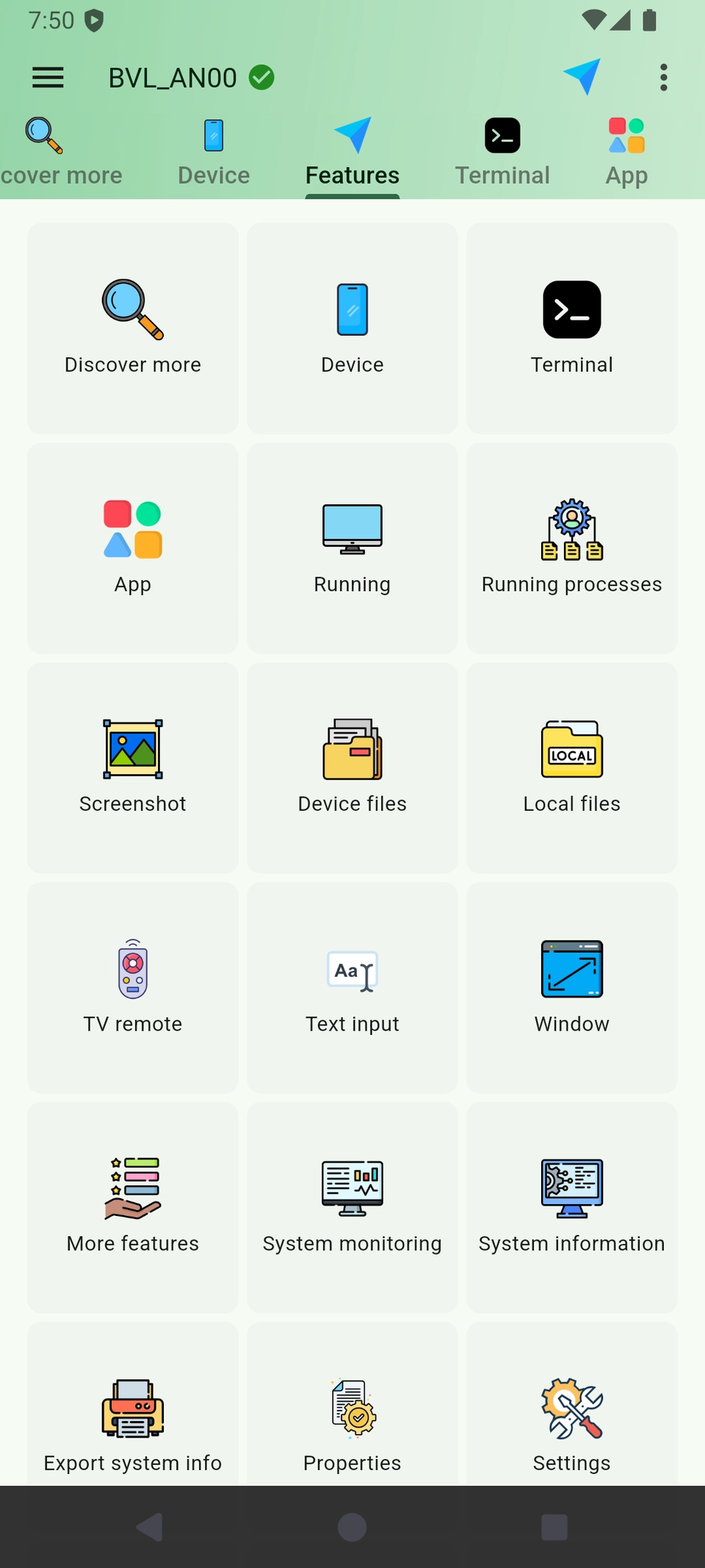 DroidKit Features screen with terminal, apps, files, TV remote and system tools
