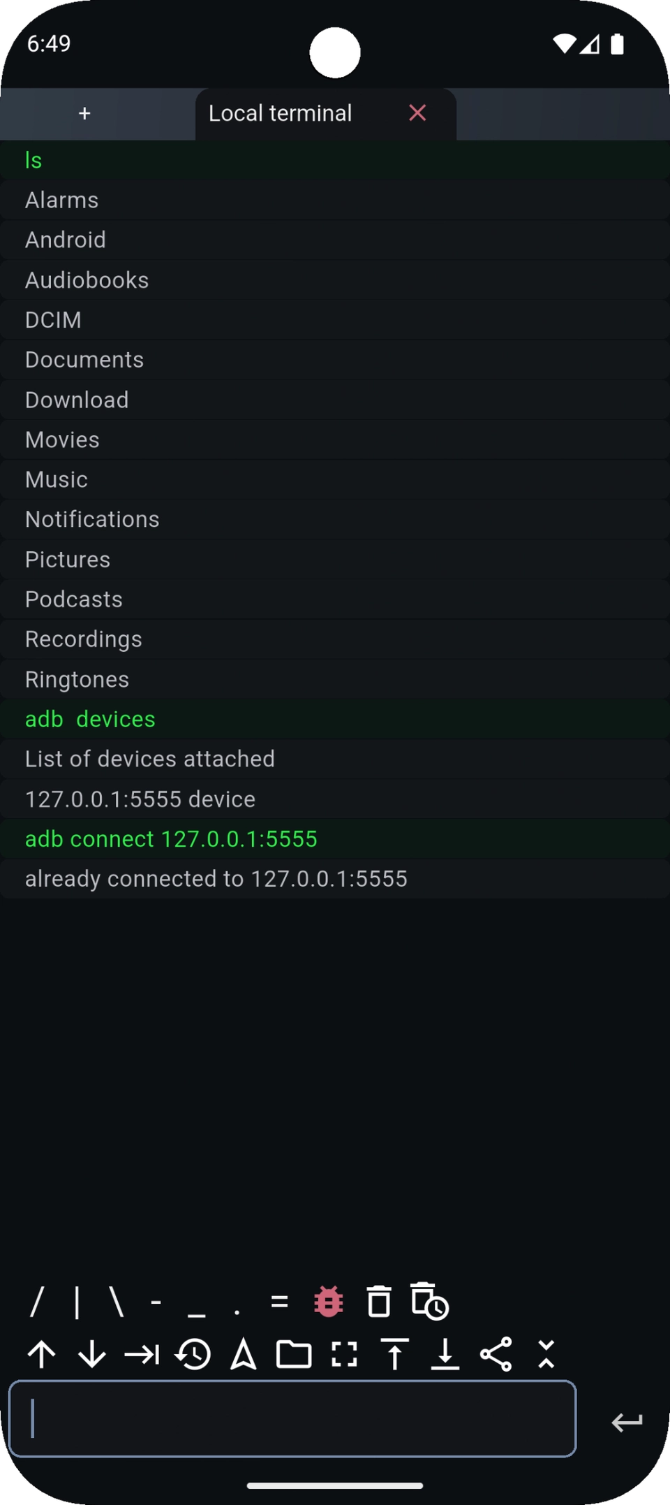 ShellX dark local terminal showing directory output, ADB commands and input controls