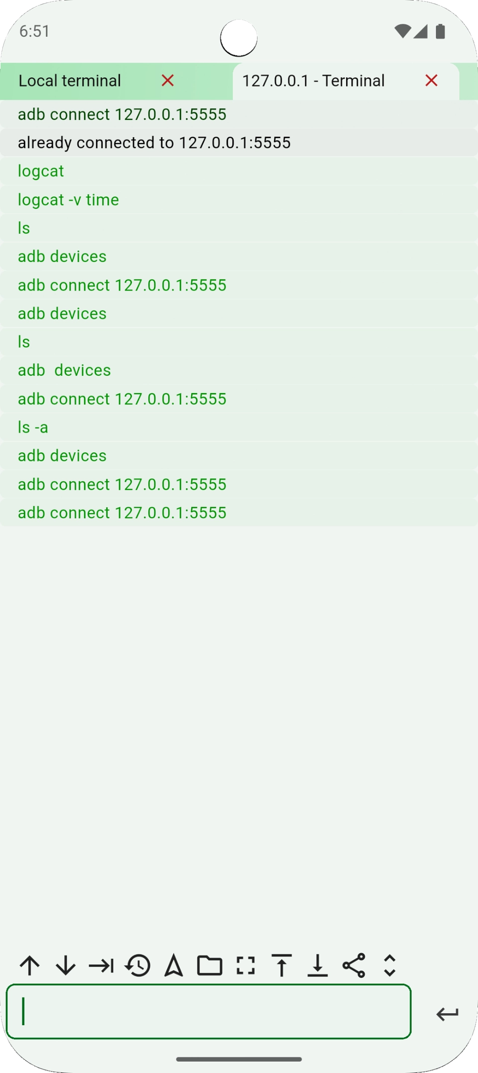 ShellX with local and connected terminal tabs and previously entered commands