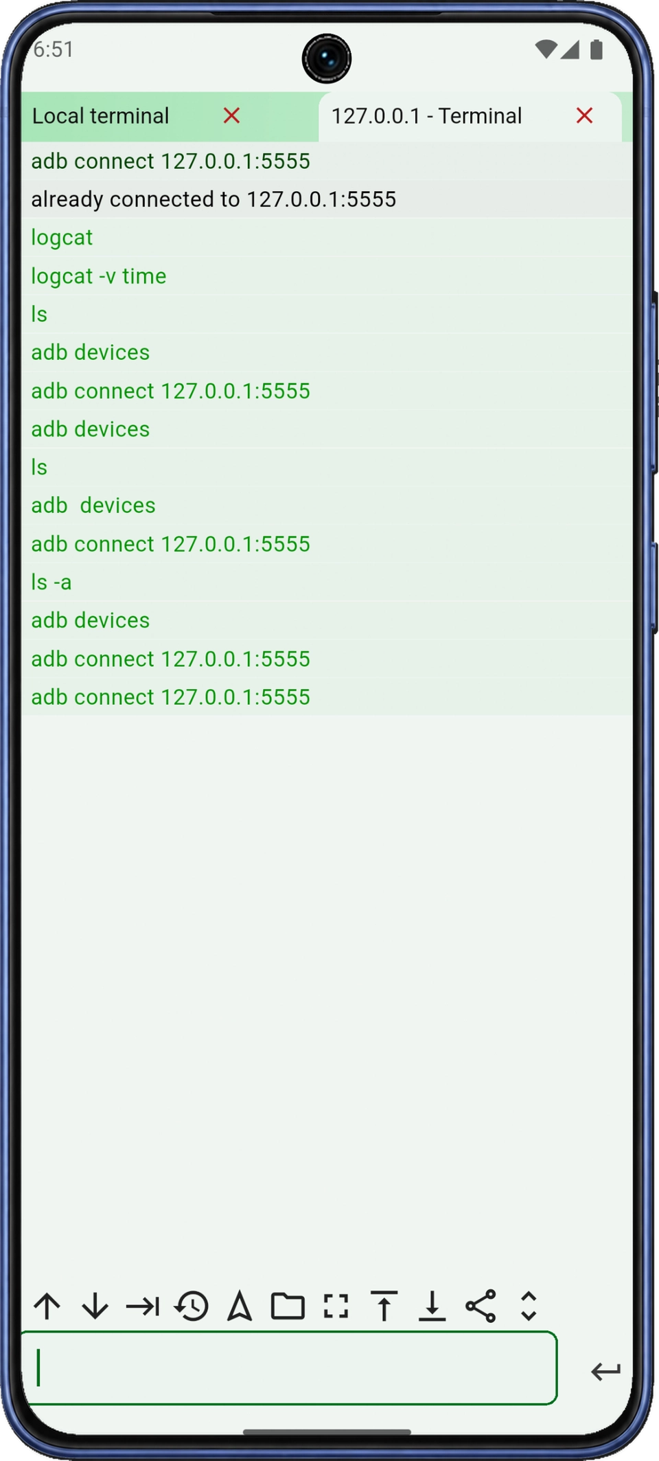 Onglets de terminal locaux et connectés de ShellX avec commandes précédemment saisies