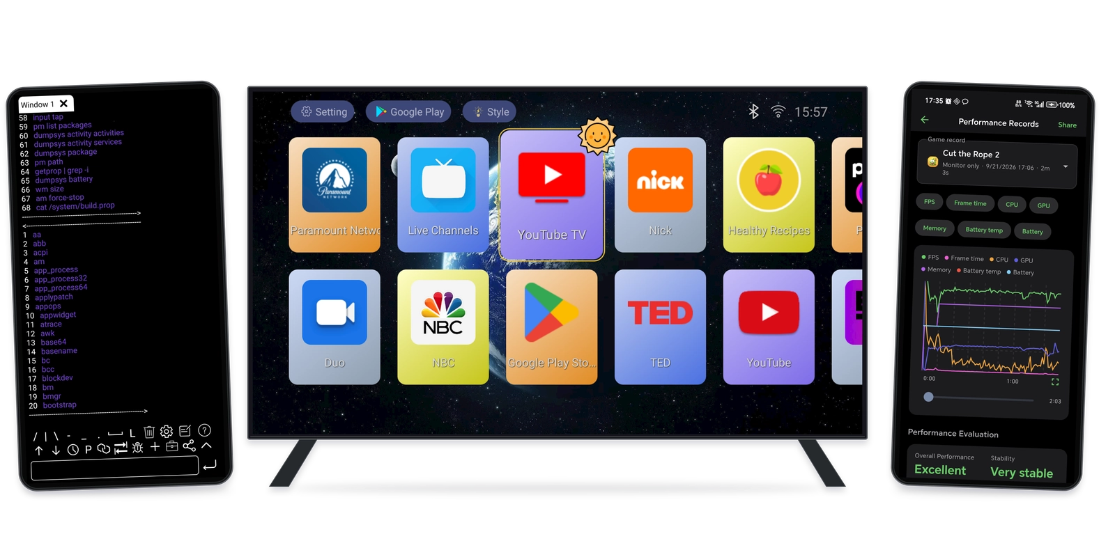 ADB Shell、TV Launcher 与 Mr. Zero 应用界面。