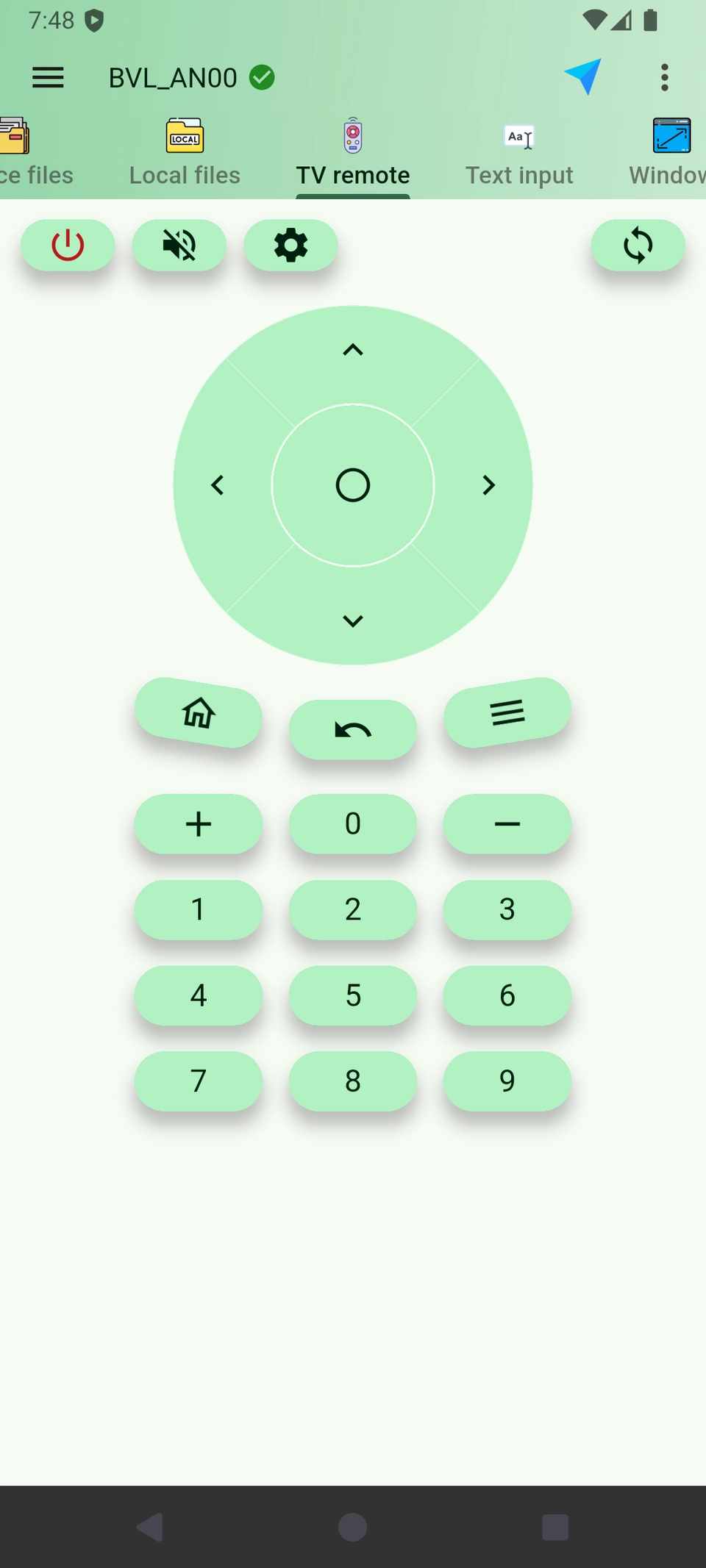 DroidKit TV Remote screen with directional, home, back, volume and numeric controls