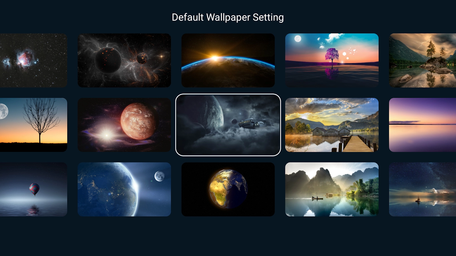 TV Launcher wallpaper selection grid with a highlighted wallpaper